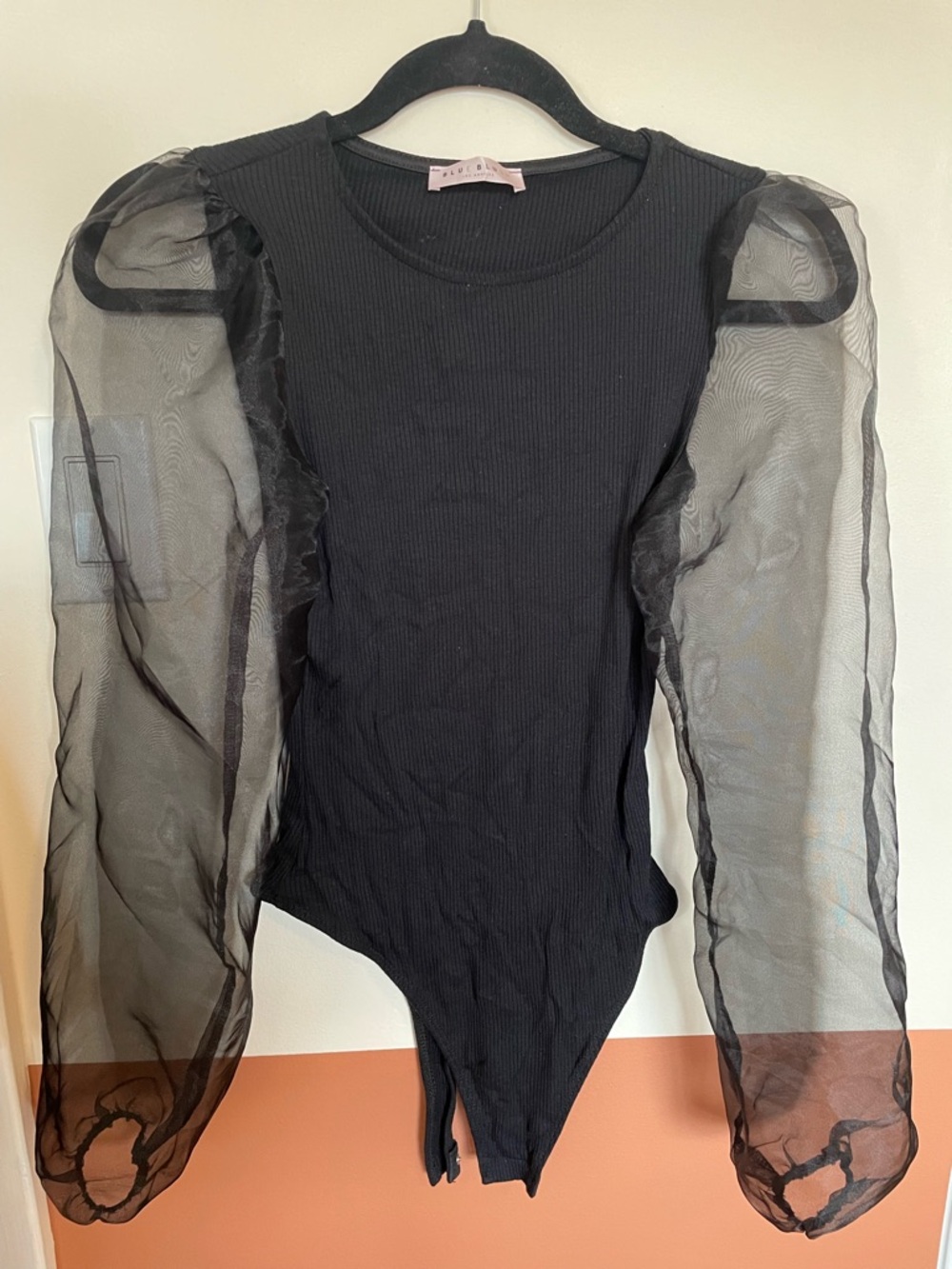 Simons Blue Blush Black Sheer Puff-Sleeve Ribbed Bodysuit